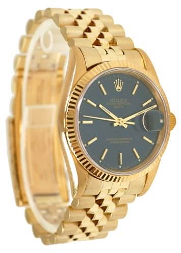 The image shows a side angle view of a Rolex Date 15238 Men's Yellow Gold Blue Dial 15238 Men's Yellow Gold Blue Dial model watch, highlighting its gold bracelet, bezel, and black dial with date display.