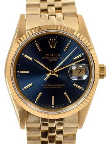 The image shows a front view of a Rolex Oyster Perpetual Date watch, showcasing the dial, hands, bezel, crown, and part of the bracelet.