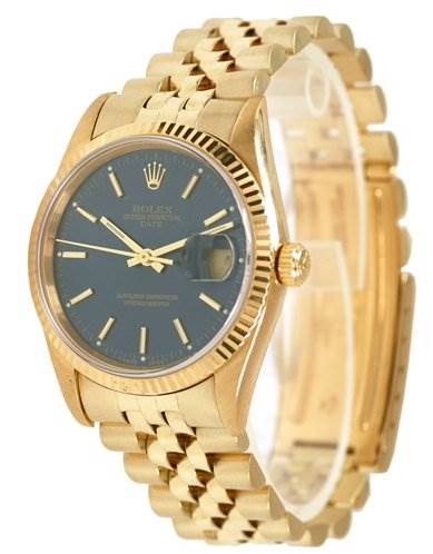 This Rolex Date 15238 Men's Yellow Gold Blue Dial 15238 Men's Yellow Gold Blue Dial model watch is shown at a slight angle, featuring its gold case, blue dial, and fluted bezel.