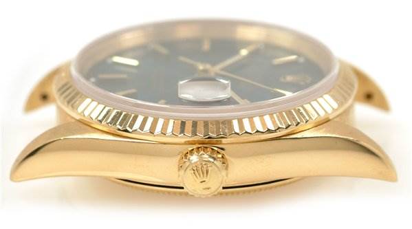 This image shows a side view of the Rolex Date 15238 Men's Yellow Gold Blue Dial 15238 Men's Yellow Gold Blue Dial model, highlighting the crown, case, and bezel.