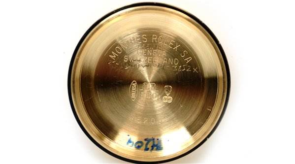 The image shows the inside case back of a Rolex Date 15238 Men's Yellow Gold Blue Dial 15238 Men's Yellow Gold Blue Dial model watch, viewed from above.