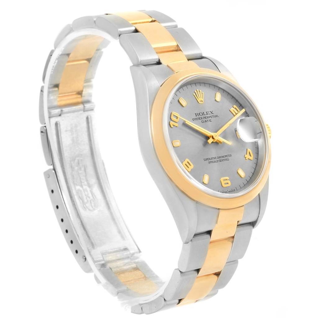 The image shows the front angle of a Rolex Date 15203 Men's Steel and Gold (two tone) Grey Dial 15203 Men's Steel and Gold (two tone) Grey Dial watch, highlighting its dial, bracelet, and clasp.