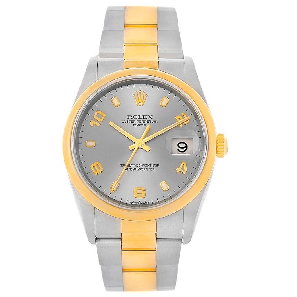 The image shows a front view of a Rolex Oyster Perpetual Date model watch, highlighting the dial, hands, bezel, date window, and bracelet.