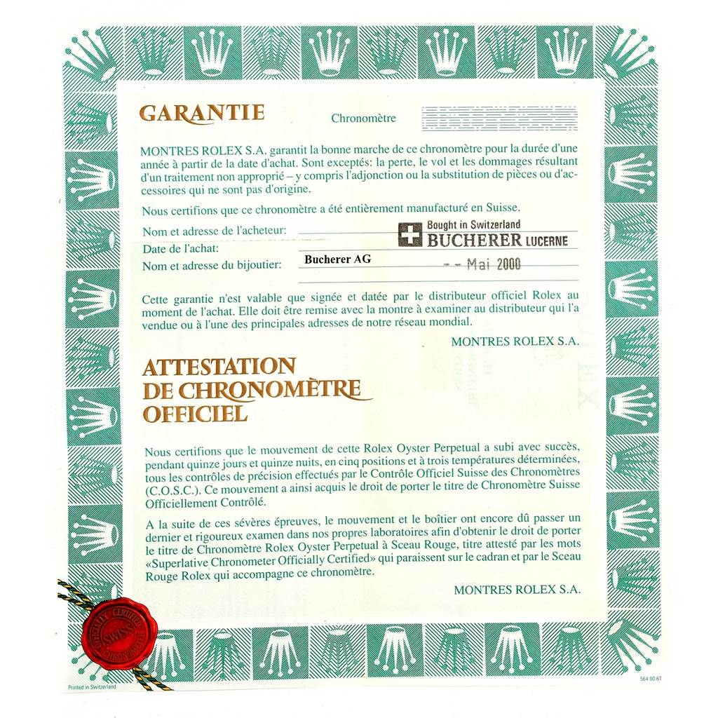 This image shows a warranty and official chronometer certification for the Rolex Date 15223 Men's Steel and Gold (two tone) Champagne Dial 15223 Men's Steel and Gold (two tone) Champagne Dial model watch.