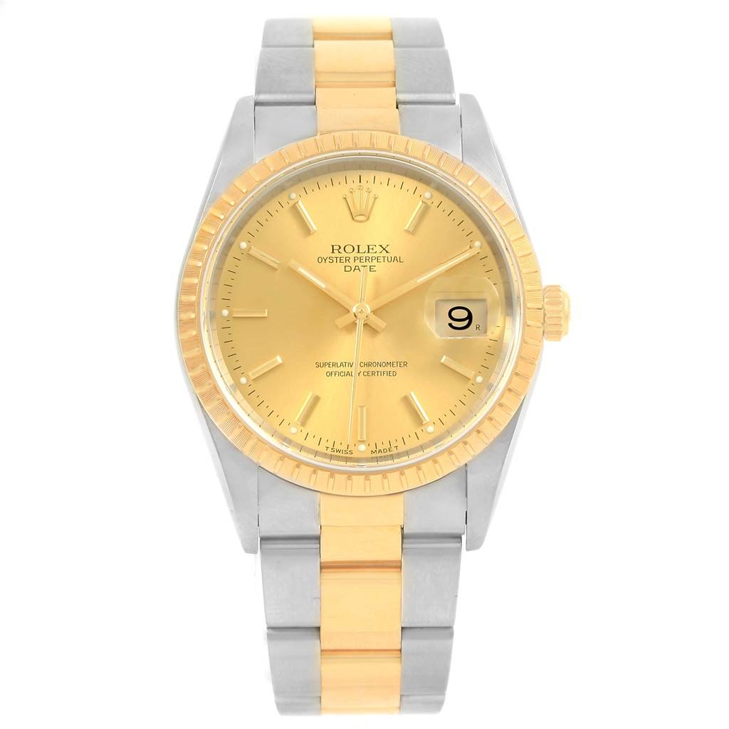 The image shows a front view of a Rolex Oyster Perpetual Date watch with a two-tone gold and silver bracelet and a gold dial.