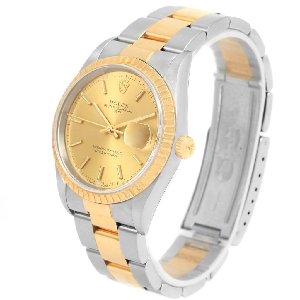 This Rolex Date 15223 Men's Steel and Gold (two tone) Champagne Dial 15223 Men's Steel and Gold (two tone) Champagne Dial model watch is shown at a front three-quarter angle, highlighting the face, bezel, bracelet, and crown.