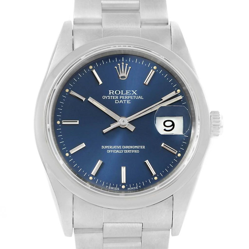 This image shows a front view of a Rolex Oyster Perpetual Date watch, highlighting the blue dial, bracelet, and date window.