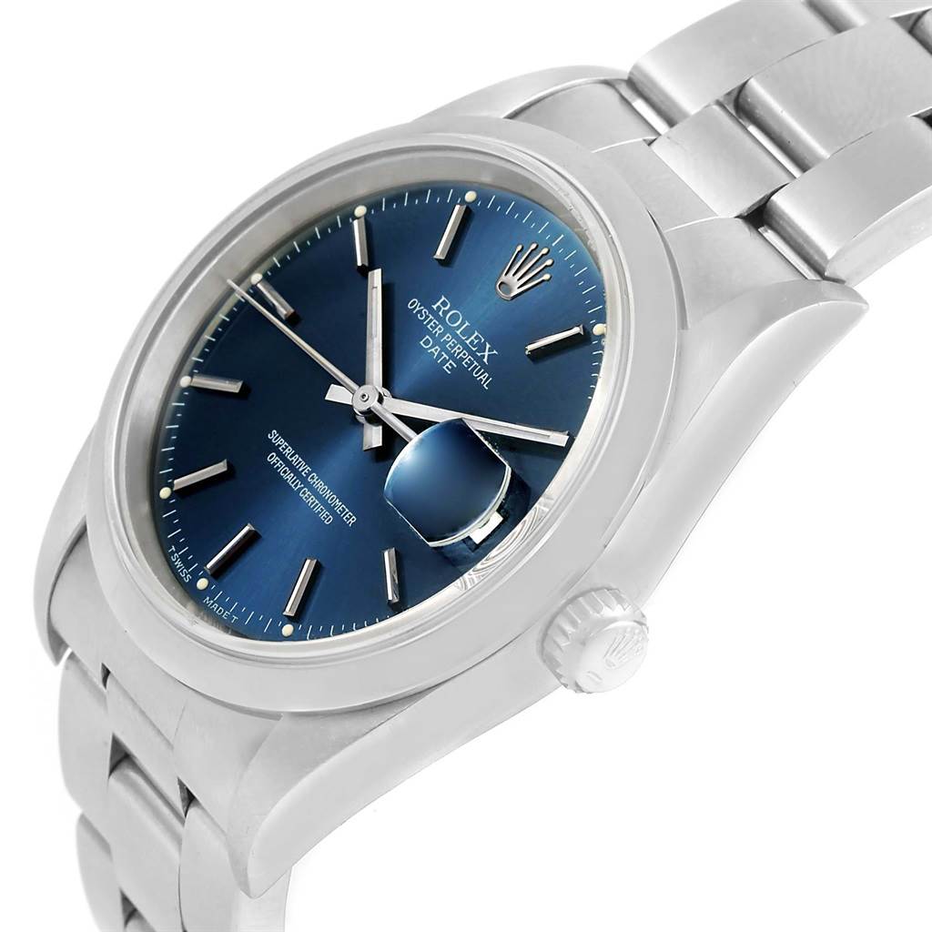 This Rolex Date 15200 Men's Stainless Steel Blue Dial 15200 Men's Stainless Steel Blue Dial watch is shown at an angle highlighting its blue dial, silver bracelet, and date magnification window placed at 3 o'clock.