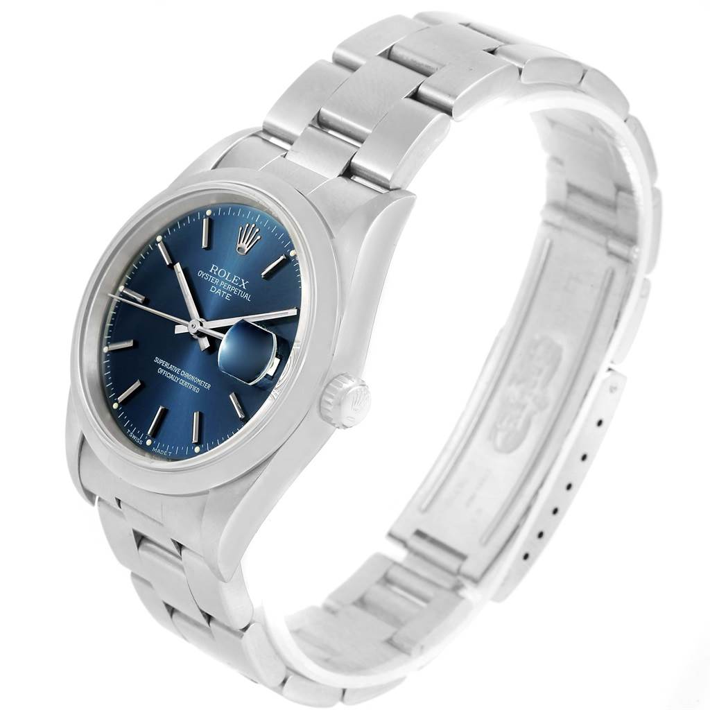 The image shows the Rolex Date 15200 Men's Stainless Steel Blue Dial 15200 Men's Stainless Steel Blue Dial model watch with a three-quarter view of the dial, case, and bracelet.