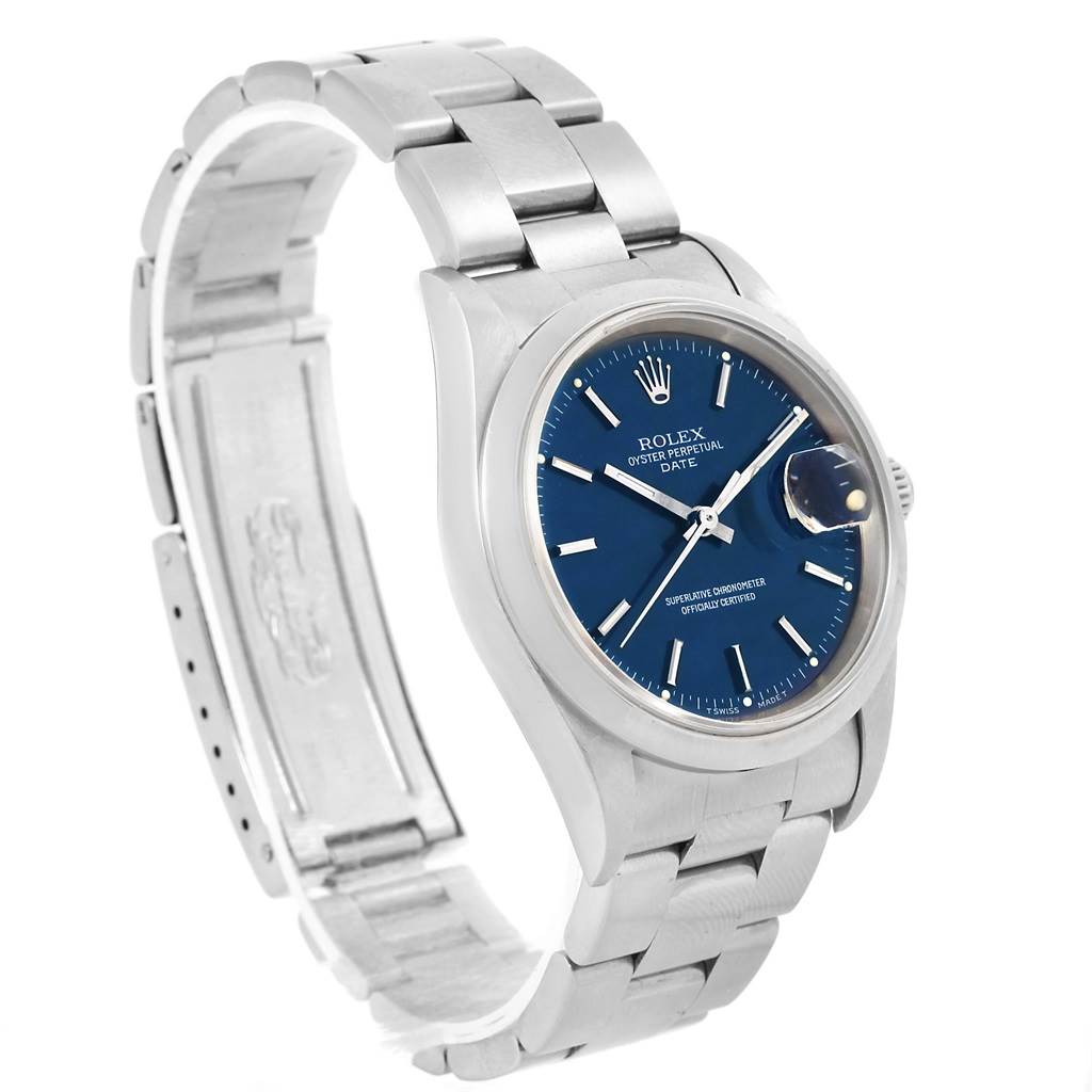 The image shows a side angle of a Rolex Date 15200 Men's Stainless Steel Blue Dial 15200 Men's Stainless Steel Blue Dial model, featuring the blue dial, stainless steel case, and bracelet.