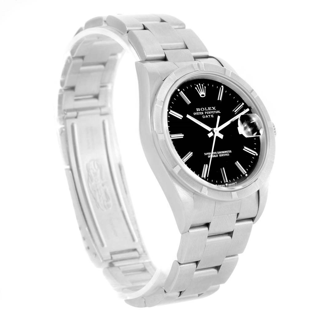 The image shows a side view of a Rolex Date 15210 Men's Stainless Steel Black Dial 15210 Men's Stainless Steel Black Dial model watch displaying the dial, bezel, and bracelet.