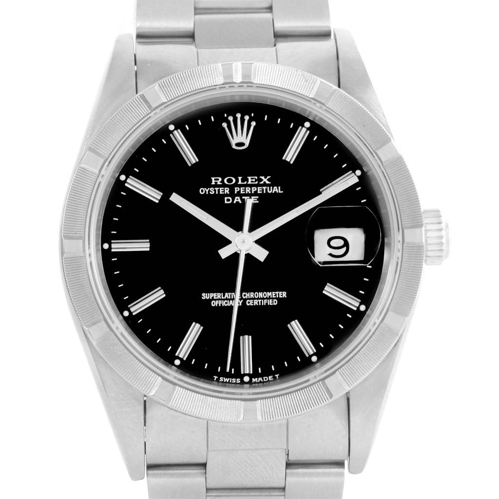 This image shows a front view of the Rolex Oyster Perpetual Date watch, highlighting the black dial, date window, bezel, and bracelet.