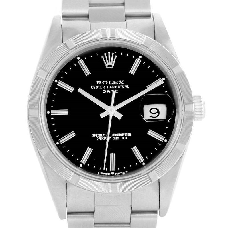 Rolex Date Black Baton Dial Stainless Steel Mens Watch 15210 SwissWatchExpo