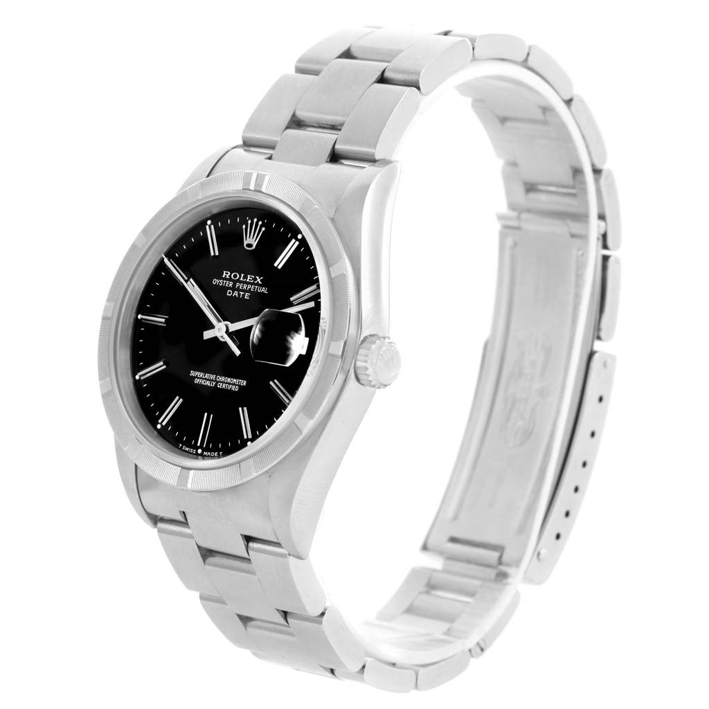 The image shows a Rolex Date 15210 Men's Stainless Steel Black Dial 15210 Men's Stainless Steel Black Dial model watch from a side angle, highlighting its stainless steel bracelet, black dial, and magnified date window.