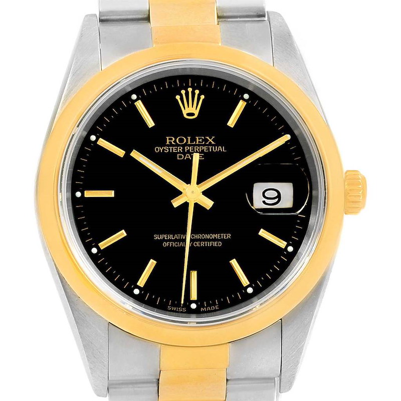 Rolex Date Mens Steel Yellow Gold Black Dial Unisex Watch 15203 SwissWatchExpo