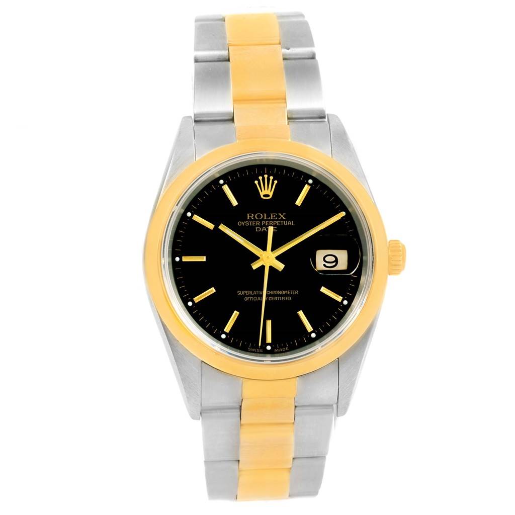 This is a front view of a Rolex Date 15203 Men's Steel and Gold (two tone) Black Dial 15203 Men's Steel and Gold (two tone) Black Dial model watch, showing the dial, hands, bezel, and bracelet.