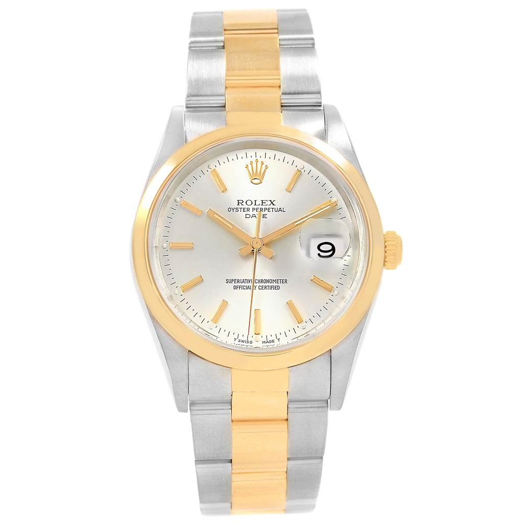 This Rolex Date 15203 Men's Steel and Gold (two tone) Silver Dial 15203 Men's Steel and Gold (two tone) Silver Dial model watch is shown from a front angle, displaying its dial, bezel, and two-tone bracelet.