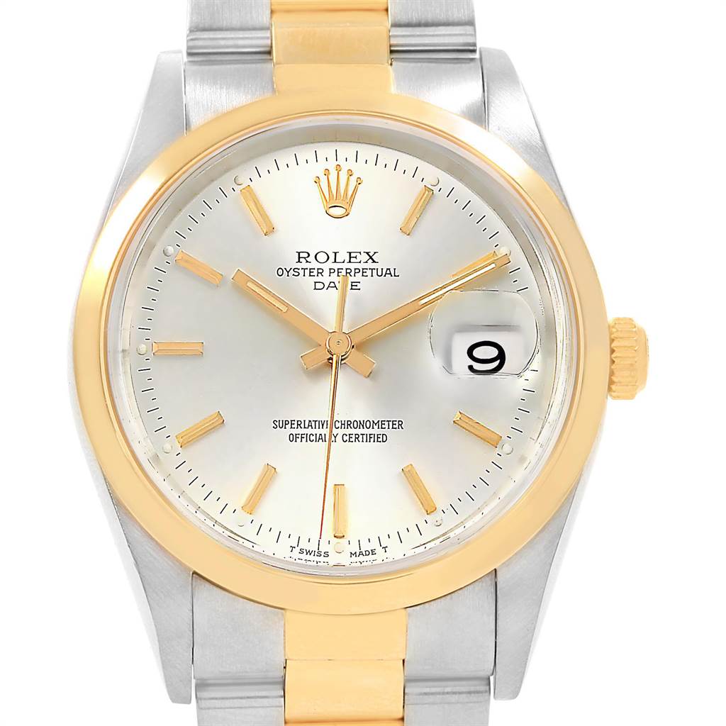 The image shows a front view of a Rolex Date 15203 Men's Steel and Gold (two tone) Silver Dial 15203 Men's Steel and Gold (two tone) Silver Dial watch, showcasing the dial, hands, date window, crown, and bracelet.