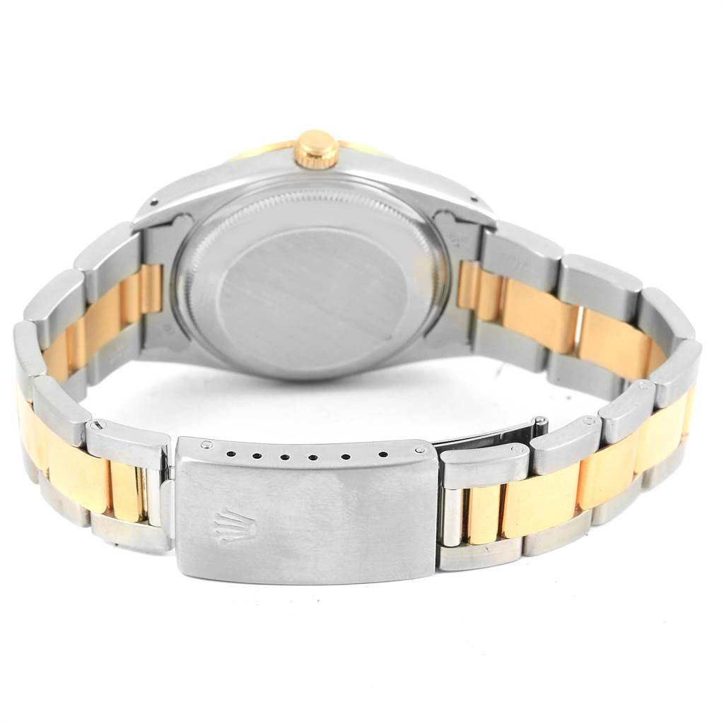 This image shows the back view of the Rolex Date 15203 Men's Steel and Gold (two tone) Silver Dial 15203 Men's Steel and Gold (two tone) Silver Dial model watch, highlighting the clasp and bracelet.
