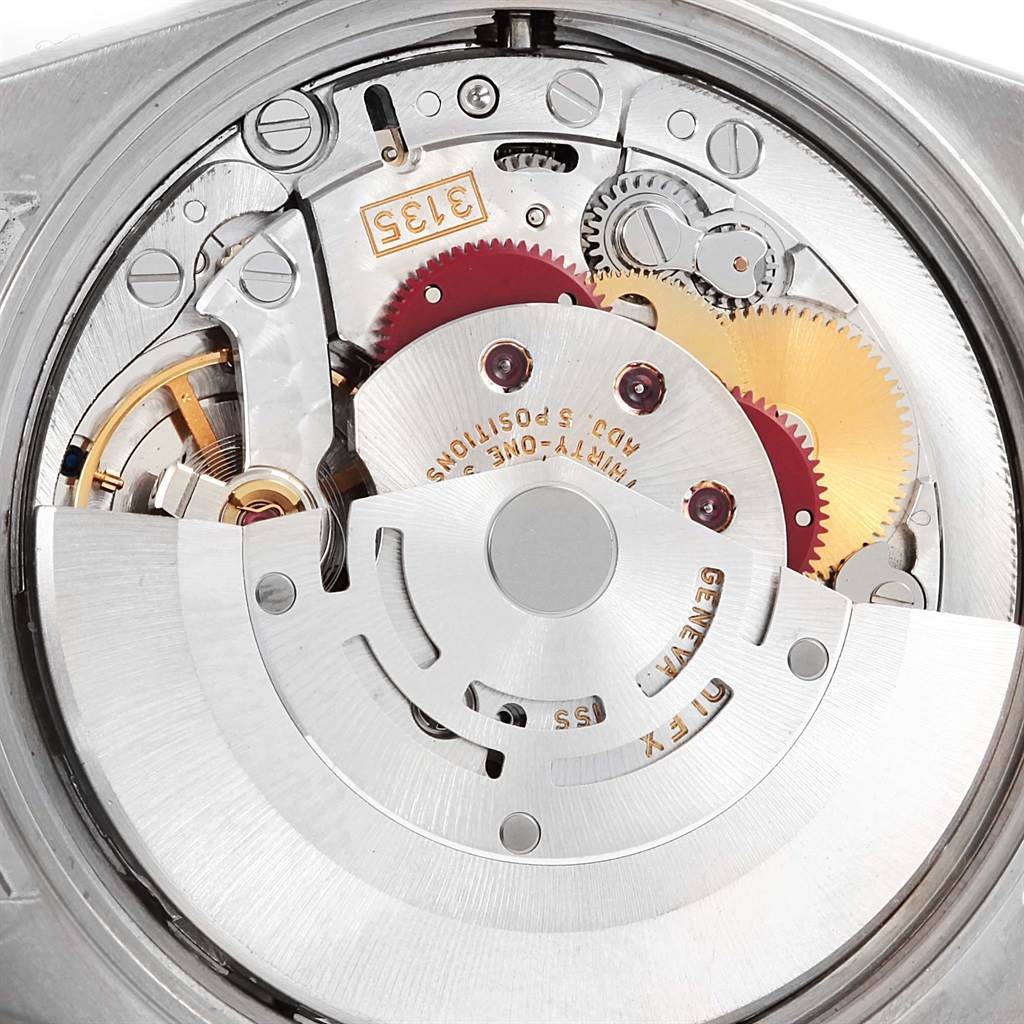This image shows a close-up view of the movement mechanism of a Rolex Date 15200 Men's Stainless Steel Blue Dial 15200 Men's Stainless Steel Blue Dial model watch from the back.