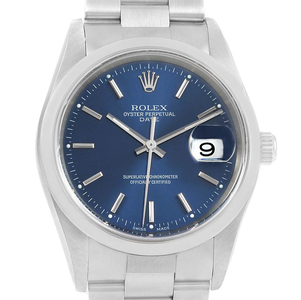 The image shows a front view of a Rolex Date 15200 Men's Stainless Steel Blue Dial 15200 Men's Stainless Steel Blue Dial model watch, highlighting the dial, hands, date window, and crown.