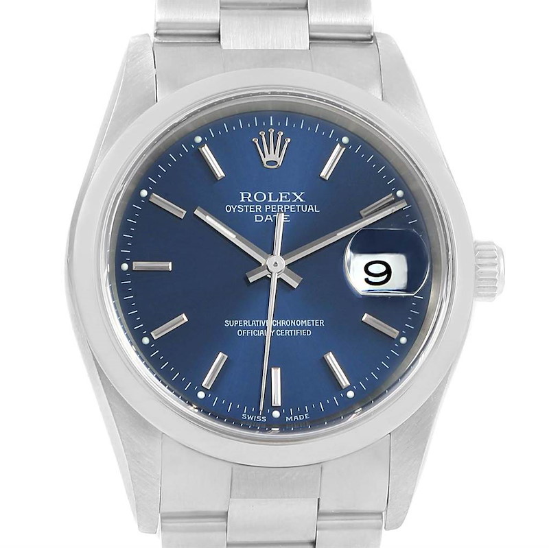 Rolex Date Blue Baton Dial Oyster Bracelet Steel Mens Watch 15200 SwissWatchExpo
