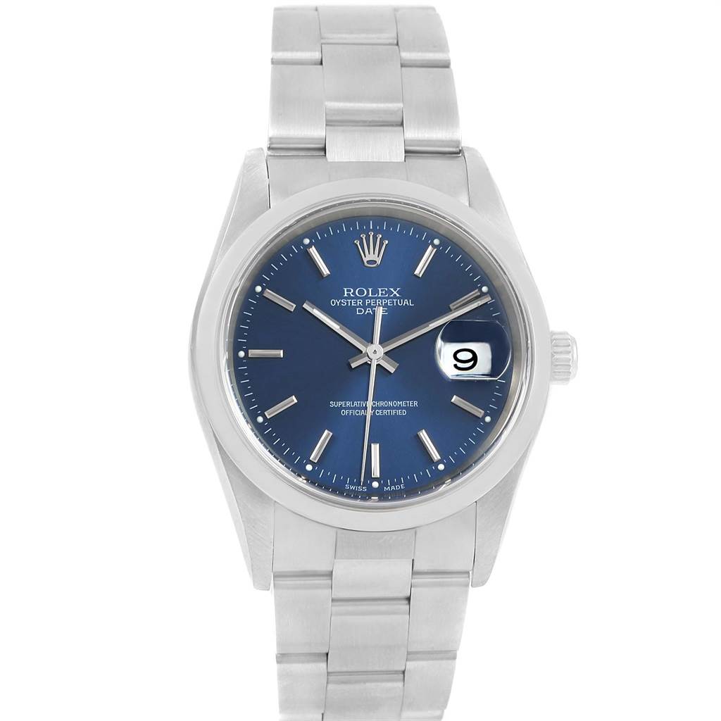 The image shows a front view of a Rolex Date 15200 Men's Stainless Steel Blue Dial 15200 Men's Stainless Steel Blue Dial model watch, featuring its blue dial, date window, and metal bracelet.