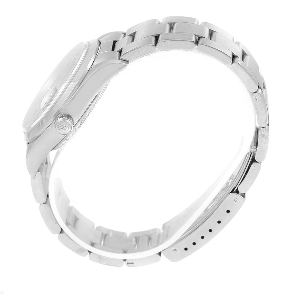 The image shows a side profile of the Rolex Date 15200 Men's Stainless Steel Blue Dial 15200 Men's Stainless Steel Blue Dial model watch, highlighting its bracelet and crown.