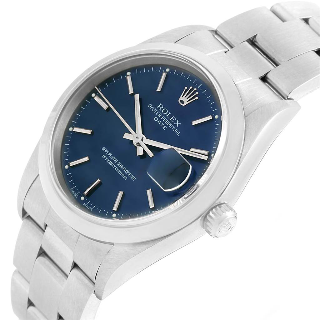 This image shows a Rolex Date 15200 Men's Stainless Steel Blue Dial 15200 Men's Stainless Steel Blue Dial model watch at an angled view, highlighting the dial, bracelet, and crown.