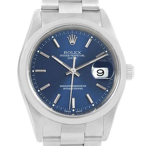 Photo of Rolex Date Blue Baton Dial Oyster Bracelet Steel Mens Watch 15200