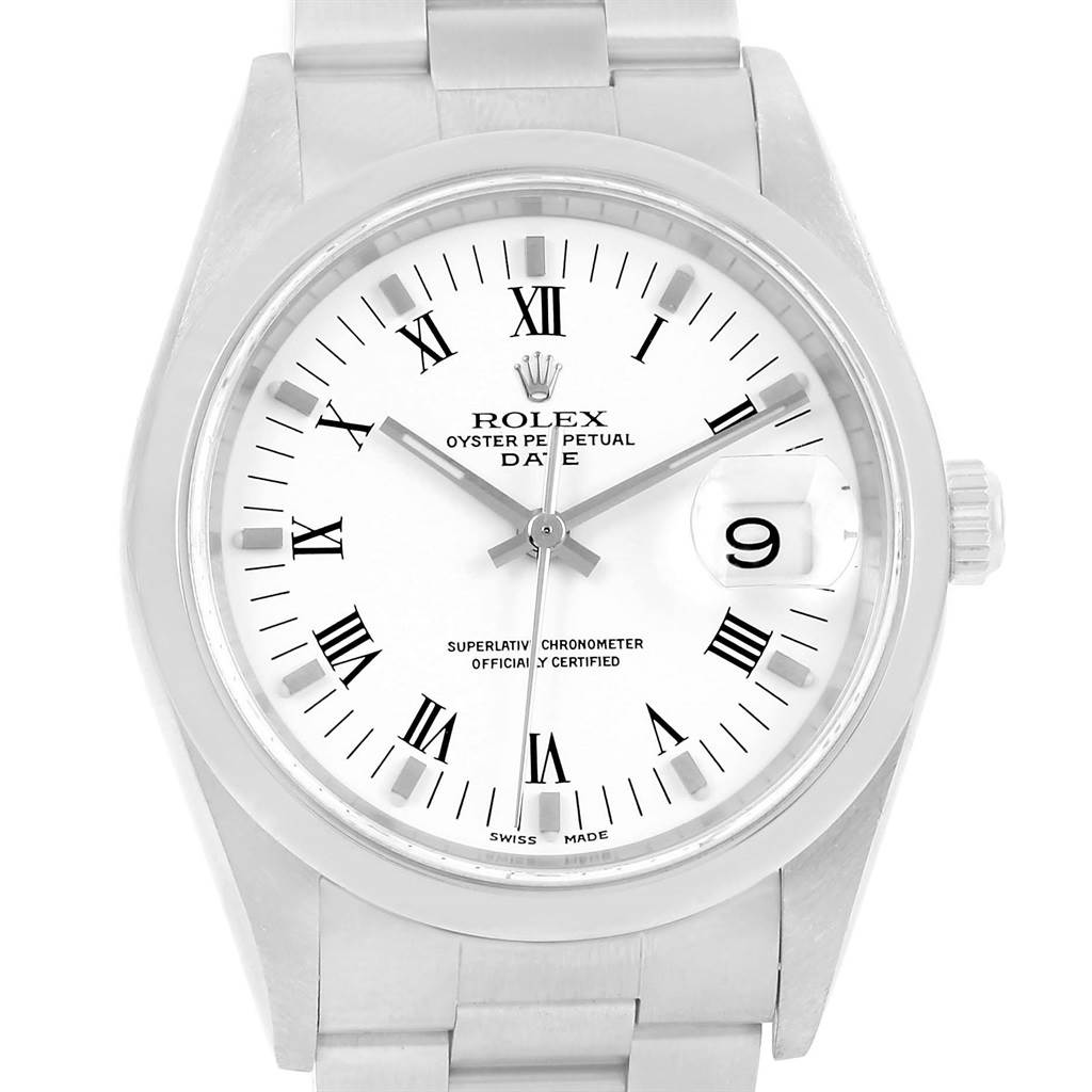 This image shows a front view of a Rolex Date 15200 Men's Stainless Steel White Dial 15200 Men's Stainless Steel White Dial model, including the dial, hour markers, hands, date window, and part of the bracelet.