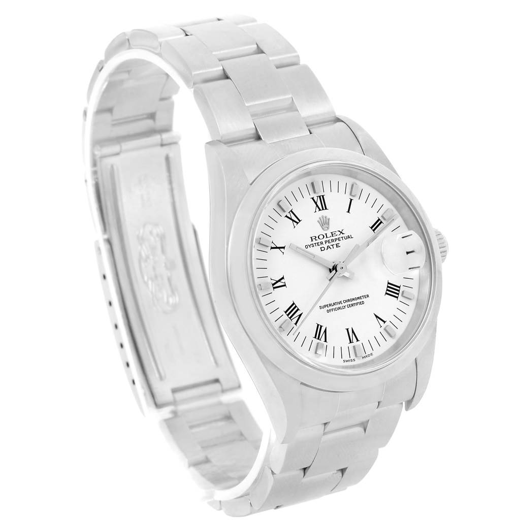 The image shows a Rolex Date 15200 Men's Stainless Steel White Dial 15200 Men's Stainless Steel White Dial model watch from a side angle, highlighting the dial, bezel, and bracelet.