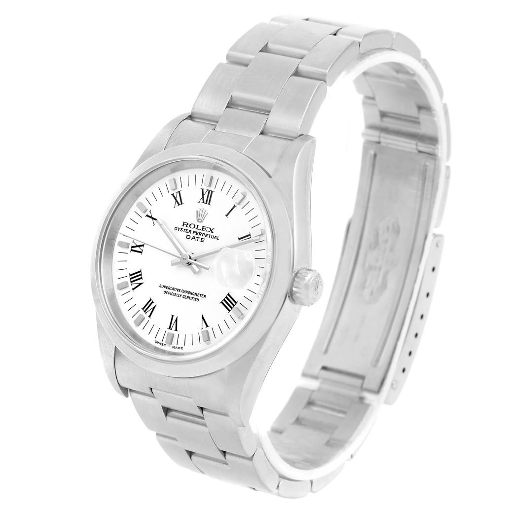 This image shows a Rolex Date 15200 Men's Stainless Steel White Dial 15200 Men's Stainless Steel White Dial watch from a three-quarter angle, highlighting the dial, bracelet, and clasp.