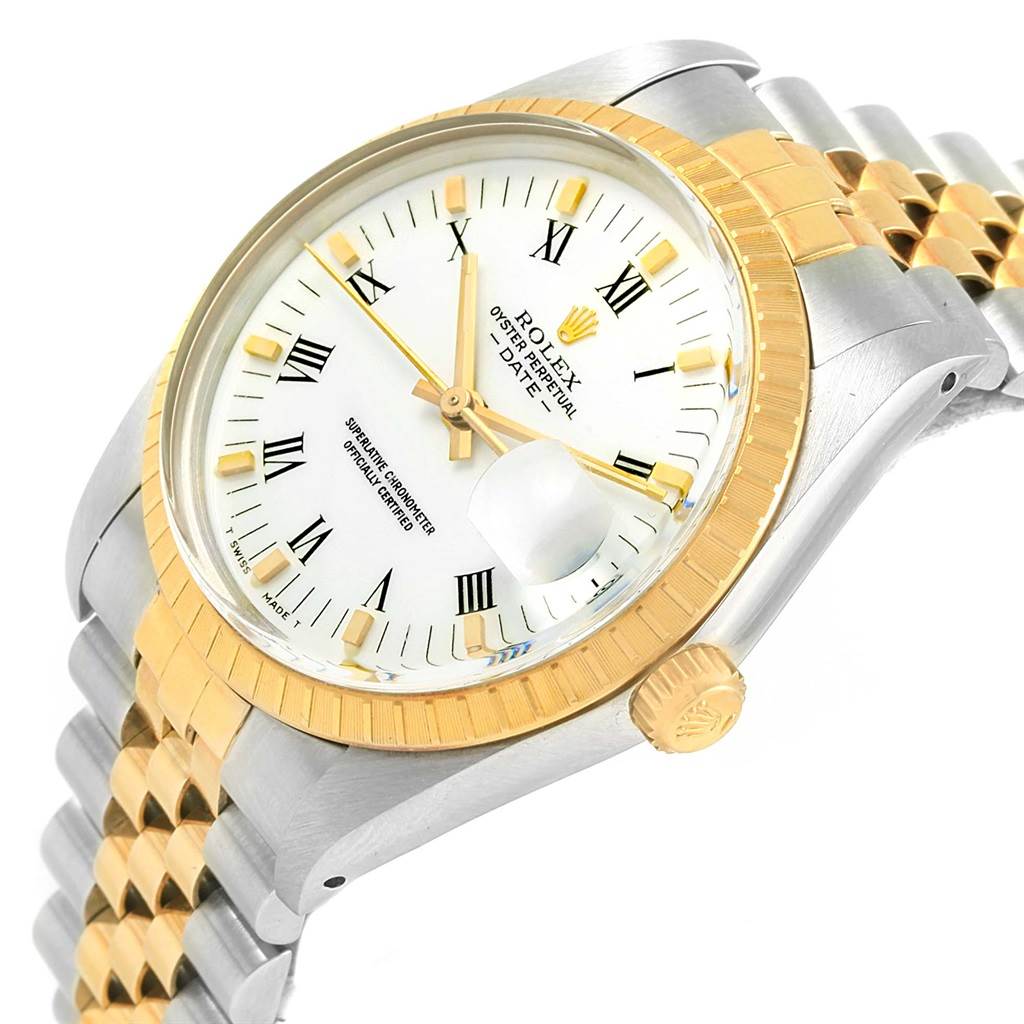 The image shows a close-up angle of the Rolex Date 15053 Men's Steel and Gold (two tone) White Dial 15053 Men's Steel and Gold (two tone) White Dial watch, highlighting its white dial, Roman numerals, bezel, and jubilee bracelet.