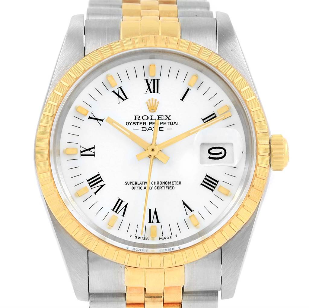 This image shows a frontal view of a Rolex Date 15053 Men's Steel and Gold (two tone) White Dial 15053 Men's Steel and Gold (two tone) White Dial watch, highlighting its white dial, Roman numerals, and two-tone metal bracelet.