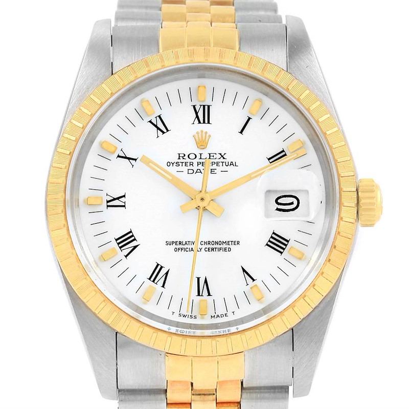 Rolex Date Mens Steel 18k Yellow Gold White Dial Mens Watch 15053 SwissWatchExpo
