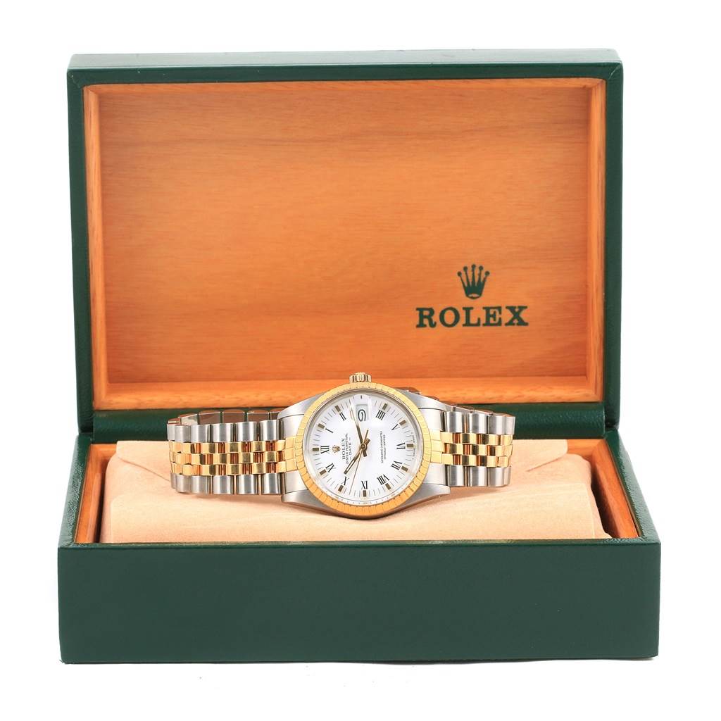 The Rolex Date 15053 Men's Steel and Gold (two tone) White Dial 15053 Men's Steel and Gold (two tone) White Dial model is shown from the front with its case, dial, and bracelet visible, inside its branded box.