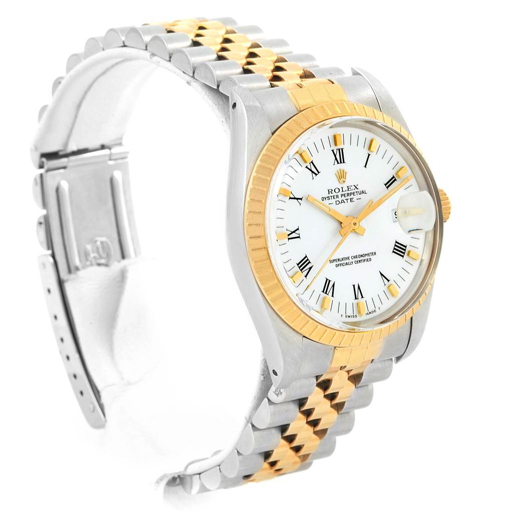 The image shows a Rolex Date 15053 Men's Steel and Gold (two tone) White Dial 15053 Men's Steel and Gold (two tone) White Dial model watch, highlighting its two-tone bracelet and face with Roman numeral markers.