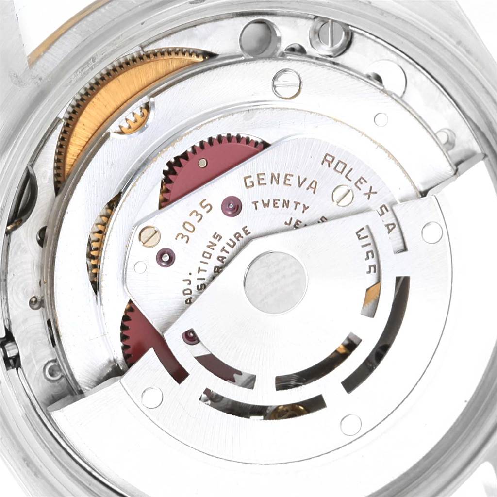The image shows a close-up of the movement and internal mechanism of a Rolex Date 15053 Men's Steel and Gold (two tone) White Dial 15053 Men's Steel and Gold (two tone) White Dial model watch.