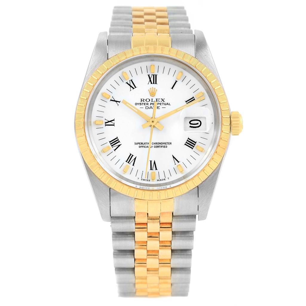 The image shows a Rolex Date 15053 Men's Steel and Gold (two tone) White Dial 15053 Men's Steel and Gold (two tone) White Dial model watch head-on, featuring the face, bezel, crown, and two-tone bracelet band.