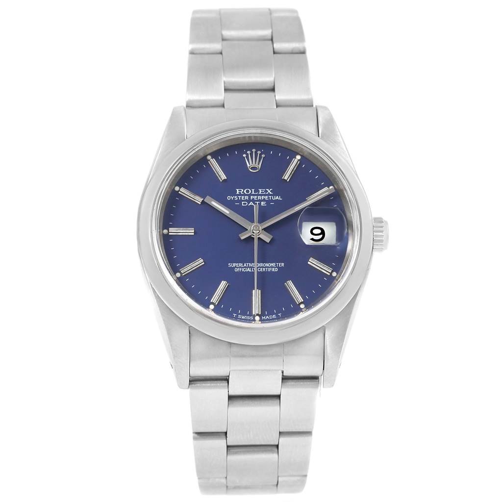 This image shows a front view of a Rolex Oyster Perpetual Date model watch with a blue dial and metal bracelet.