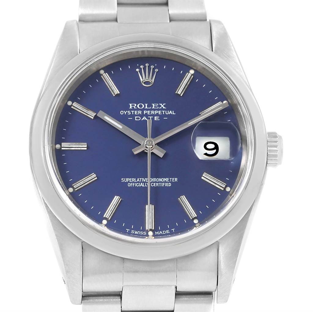 This image shows a front view of a Rolex Date 15200 Men's Stainless Steel Blue Dial 15200 Men's Stainless Steel Blue Dial model watch, displaying the face, crown, and part of the bracelet.