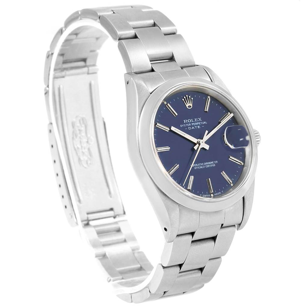 The Rolex Date 15200 Men's Stainless Steel Blue Dial 15200 Men's Stainless Steel Blue Dial model watch is shown at a three-quarter angle, highlighting the face, bracelet, and clasp.