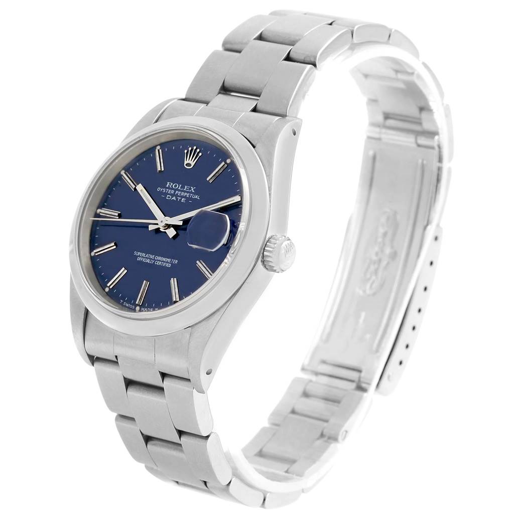 The image shows a Rolex Date 15200 Men's Stainless Steel Blue Dial 15200 Men's Stainless Steel Blue Dial model watch at an angled view, highlighting the watch face, crown, and metal bracelet.