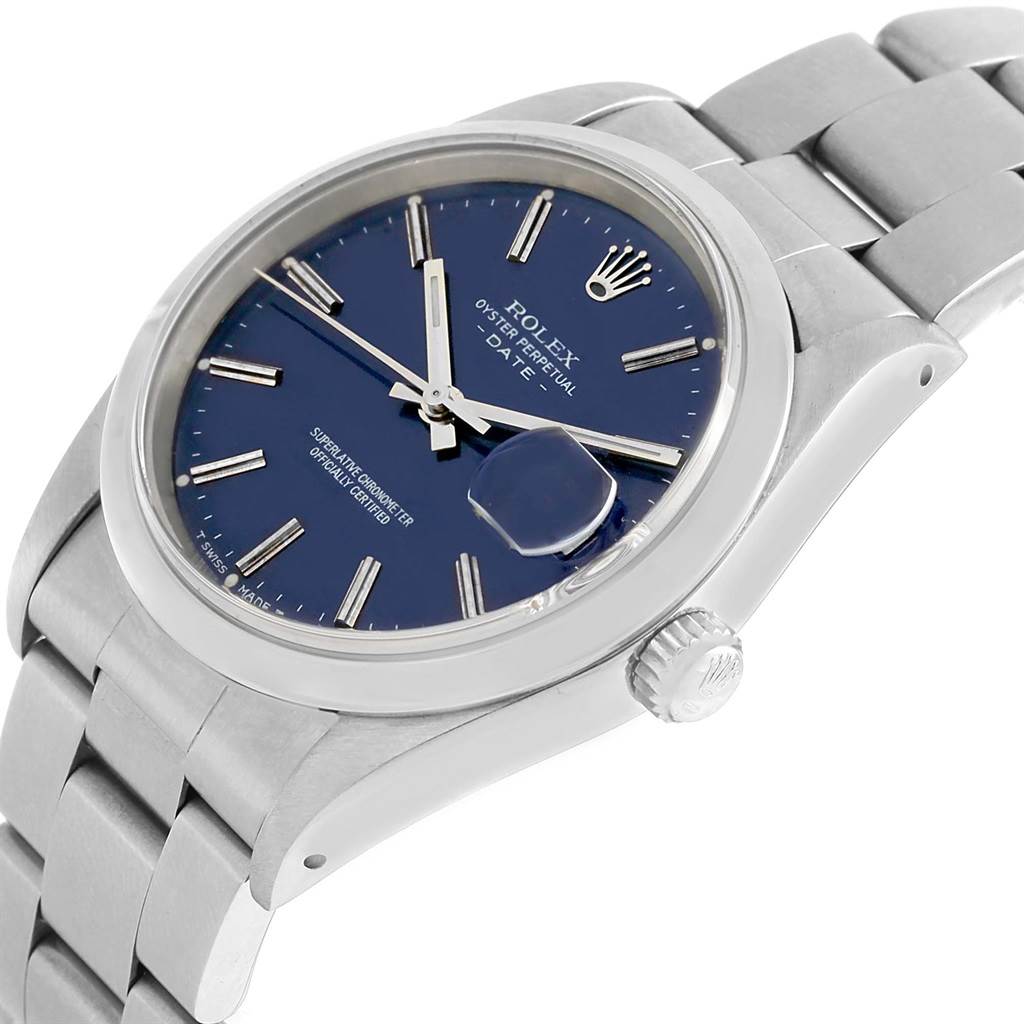 This image shows the Rolex Date 15200 Men's Stainless Steel Blue Dial 15200 Men's Stainless Steel Blue Dial model watch at a slightly tilted angle, highlighting the face, dial, crown, and part of the bracelet.