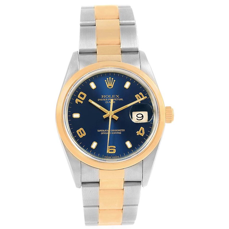 Rolex Date Mens Steel Yellow Gold Blue Dial Mens Watch 15203 SwissWatchExpo