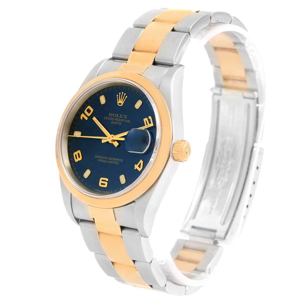 This image shows a Rolex Date 15203 Men's Steel and Gold (two tone) Blue Dial 15203 Men's Steel and Gold (two tone) Blue Dial model watch at a three-quarters angle, highlighting the dial, bezel, crown, and bracelet.