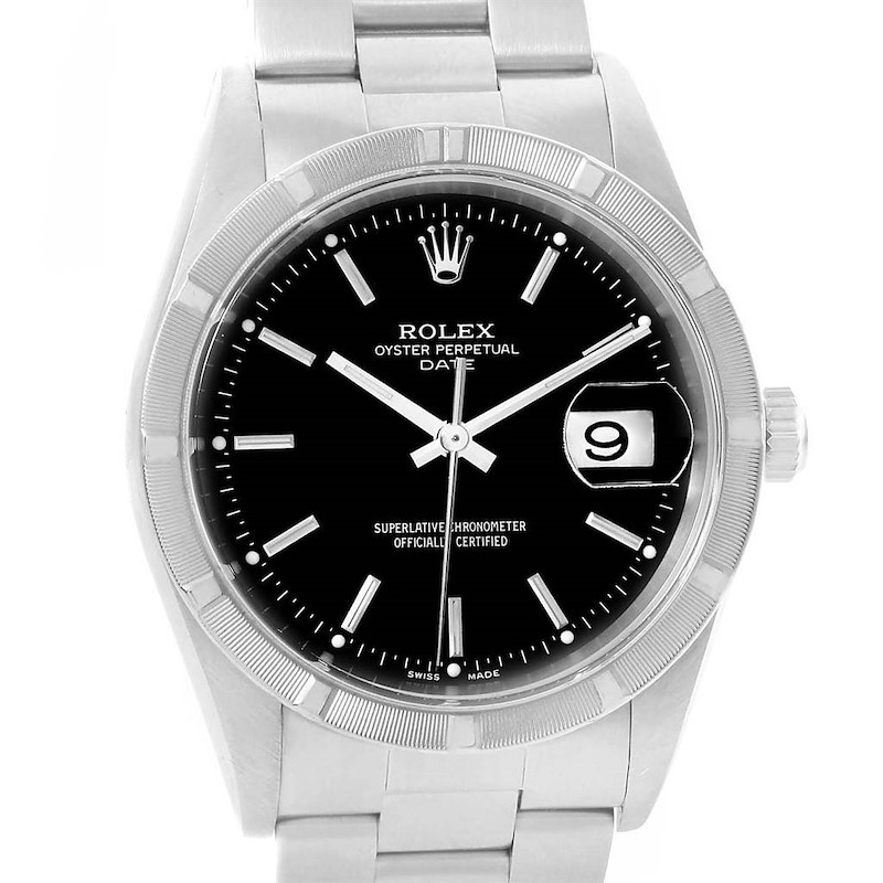 Rolex Date Black Baton Dial Stainless Steel Mens Watch 15210 Box Papers SwissWatchExpo