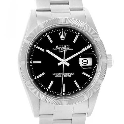 Photo of Rolex Date Black Baton Dial Stainless Steel Mens Watch 15210 Box Papers