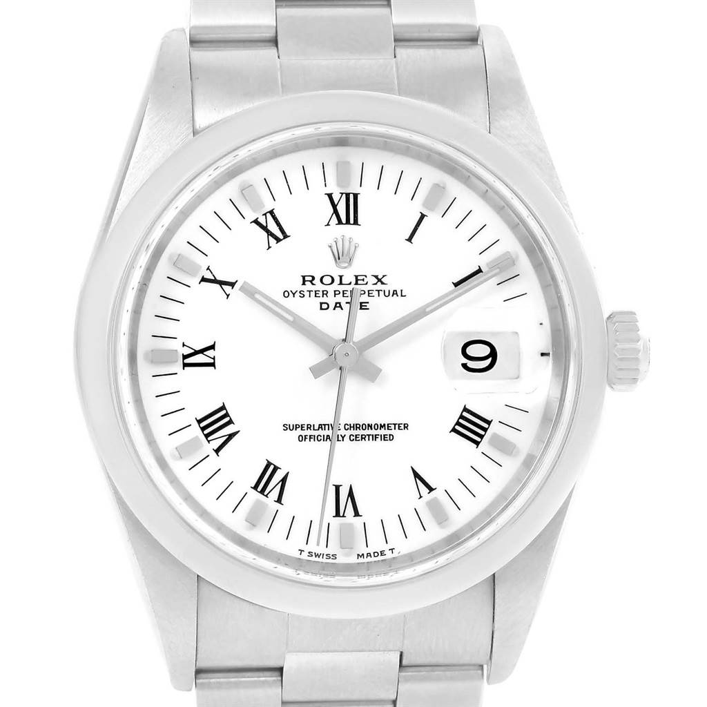 This image shows a frontal view of a Rolex Oyster Perpetual Date, displaying its dial, bezel, bracelet, and date function.